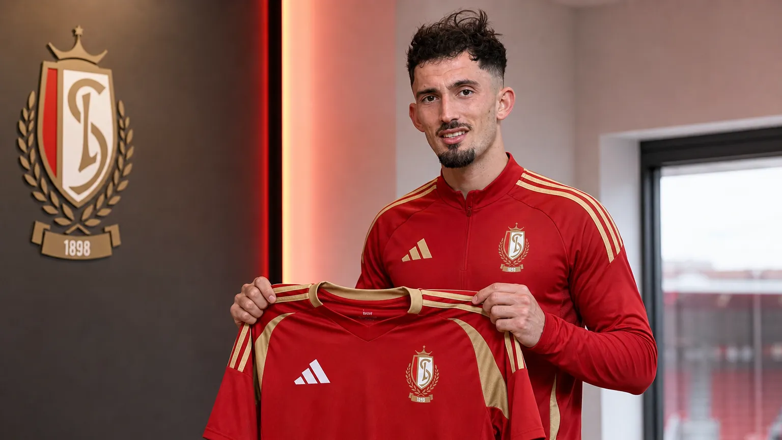 Andi Zeqiri poseert met een Standard-shirt tijdens zijn voorstelling in Luik.