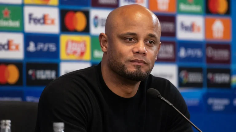 Vincent Kompany spreekt achter een microfoon op een persconferentie.
