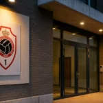 De rustige administratieve ingang van de Bosuil met een vast Royal Antwerp FC-embleem op de gevel.