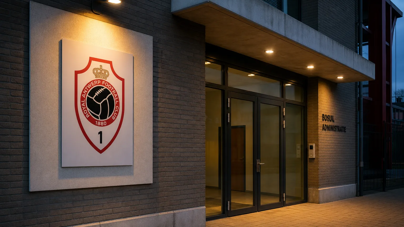 De rustige administratieve ingang van de Bosuil met een vast Royal Antwerp FC-embleem op de gevel.