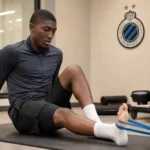 Joel Ordóñez voert een gecontroleerde voetoefening uit in de revalidatieruimte van Club Brugge.