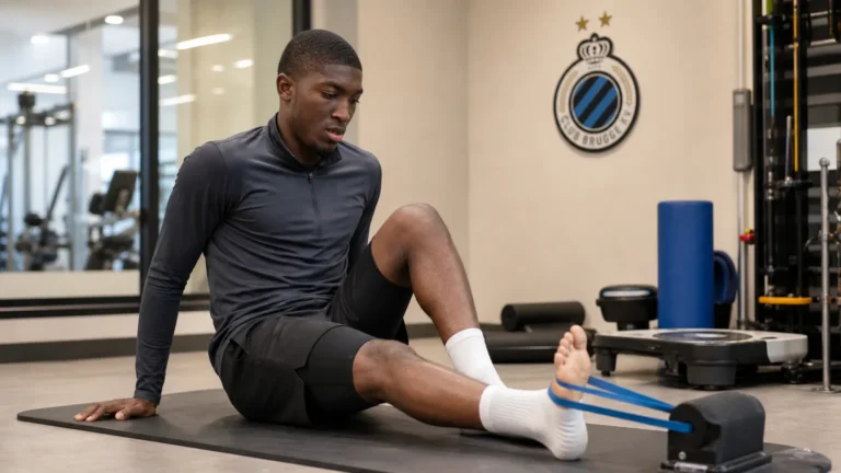 Joel Ordóñez voert een gecontroleerde voetoefening uit in de revalidatieruimte van Club Brugge.