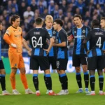 De spelersgroep van Club Brugge verzameld op het veld in een vol stadion.