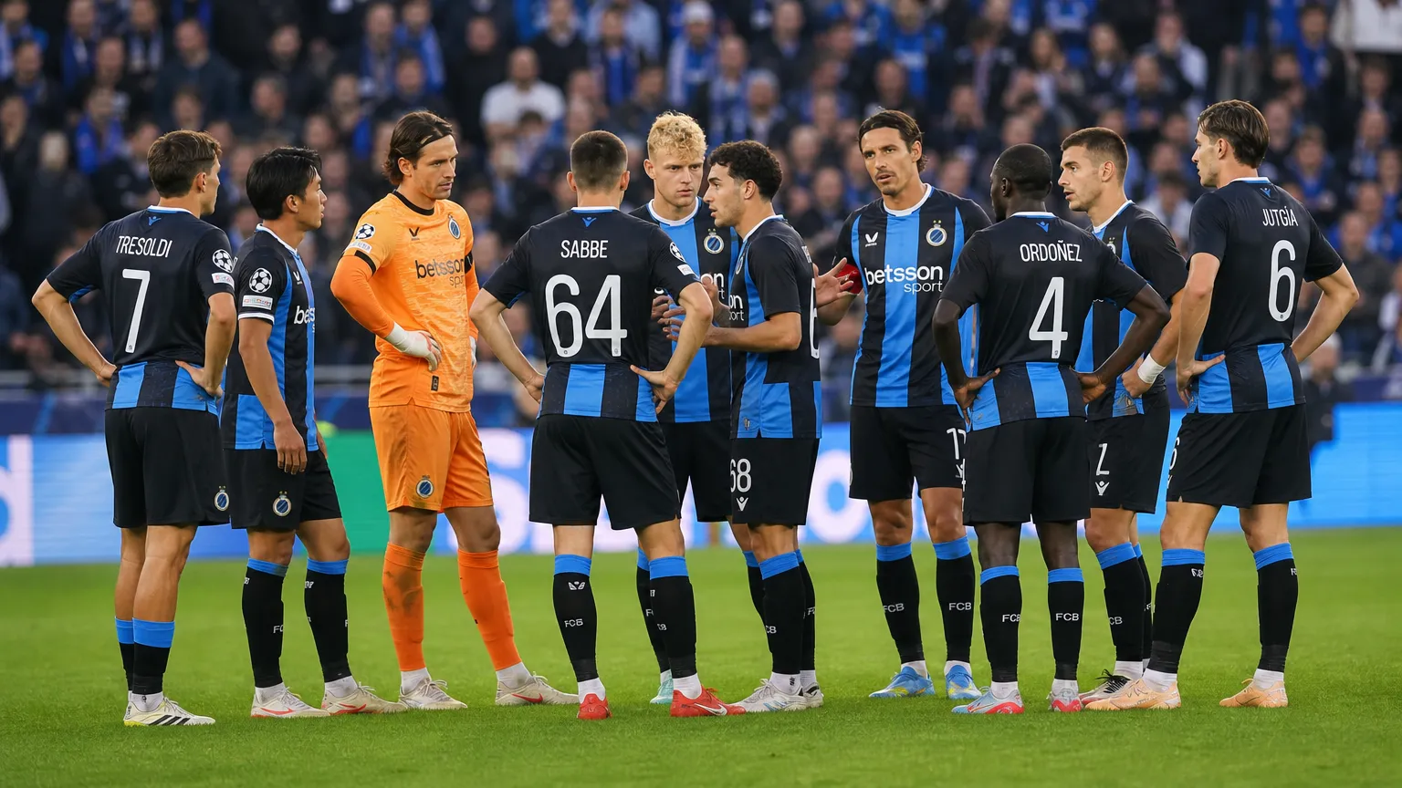 De spelersgroep van Club Brugge verzameld op het veld in een vol stadion.