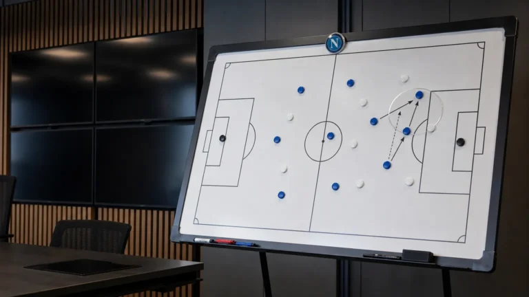 Lege videoanalysezaal van Napoli met een tactiekbord waarop de zone aan de tweede paal is aangeduid.