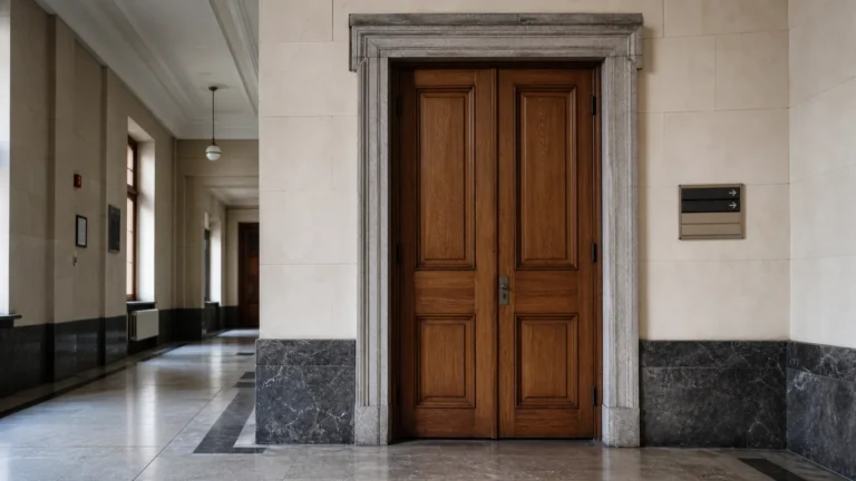 Lege gang van een gerechtsgebouw met een gesloten deur naar een zittingszaal.