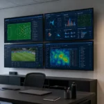 Lege rekruteringsruimte van Anderlecht met data-schermen en een embleem op de wand.