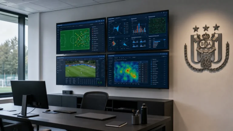 Lege rekruteringsruimte van Anderlecht met data-schermen en een embleem op de wand.