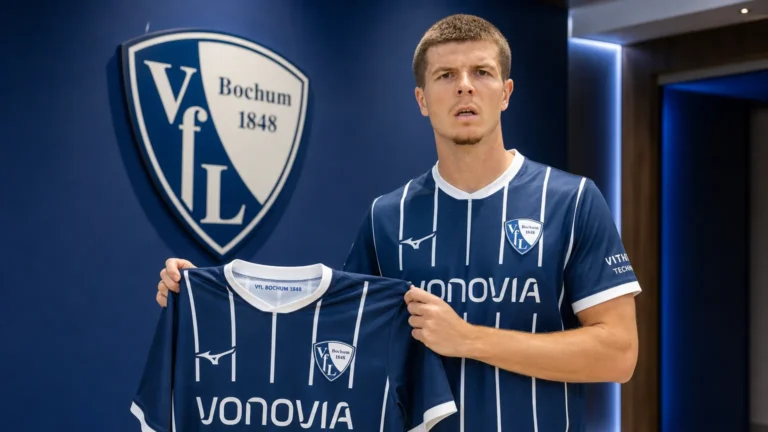 Jarne Steuckers poseert tijdens zijn officiële voorstelling bij VfL Bochum.