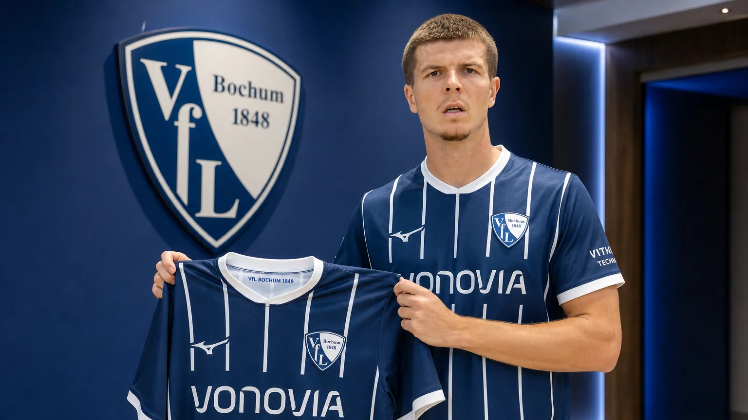 Jarne Steuckers poseert tijdens zijn officiƫle voorstelling bij VfL Bochum.