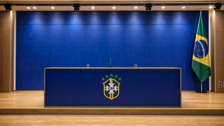 Een lege lessenaar voor een Braziliaanse selectieaankondiging met het embleem van Brazilië.