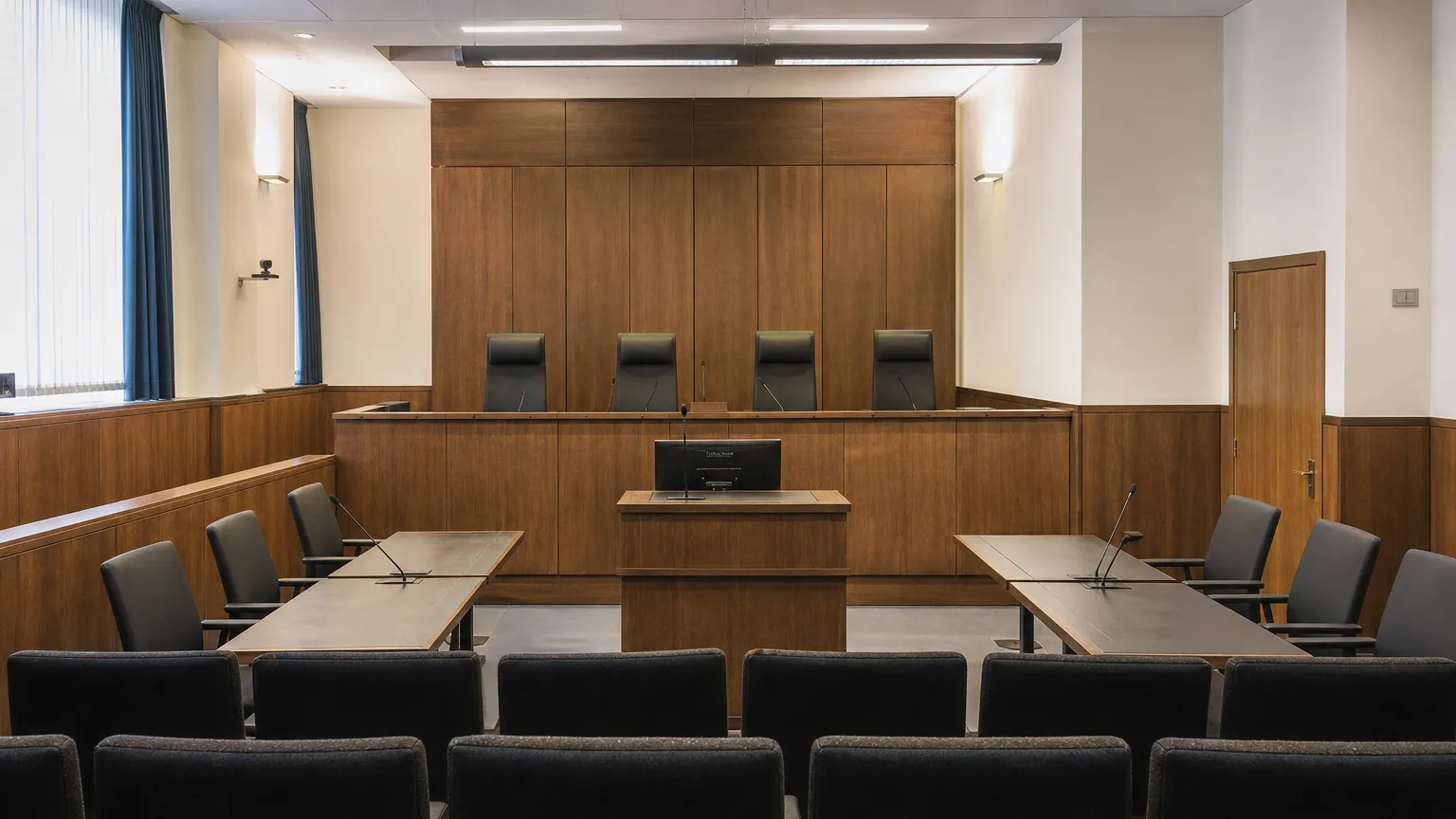 Lege zittingszaal in Antwerpen klaar voor een gerechtelijke behandeling.