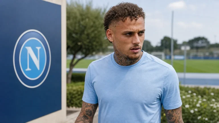 Noa Lang in neutrale sportkleding naast het trainingsveld van SSC Napoli, met een clubembleem op een vast bord.