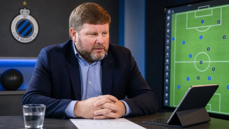 Hein Vanhaezebrouck in een voetbalstudio met een subtiel Club Brugge-wanddetail op de achtergrond.