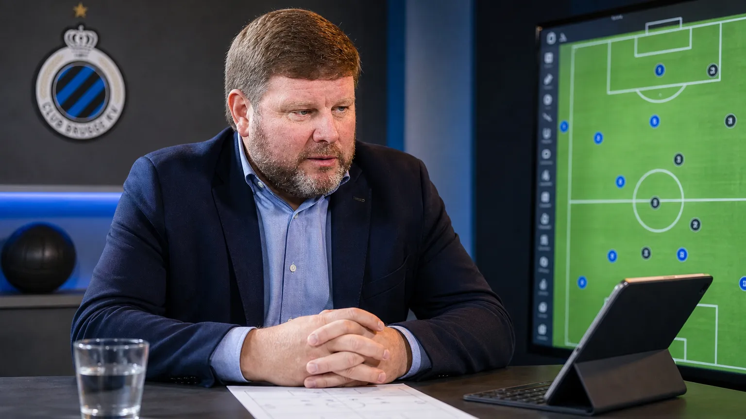 Hein Vanhaezebrouck in een voetbalstudio met een subtiel Club Brugge-wanddetail op de achtergrond.