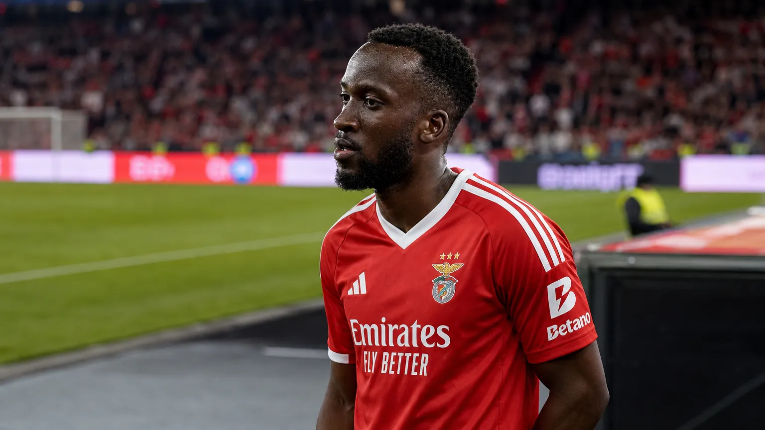Dodi Lukebakio aan de rand van het veld in zijn rood-witte Benfica-shirt.