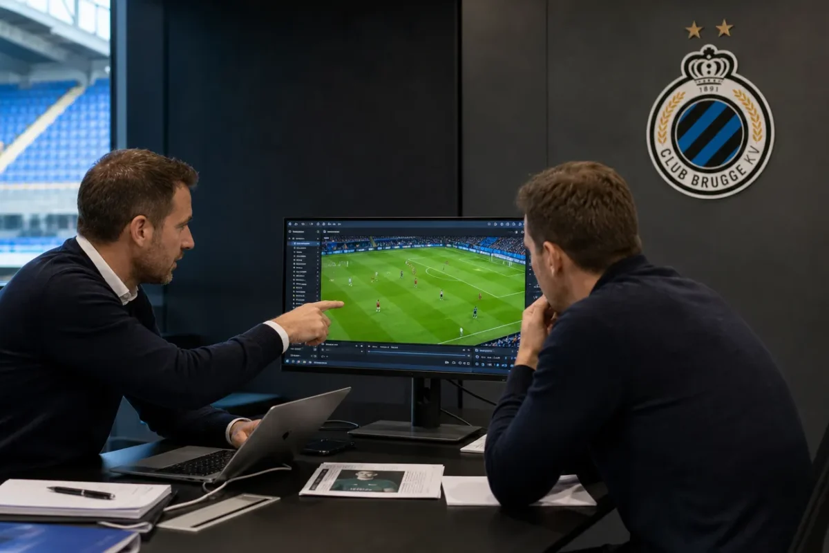 Twee medewerkers bekijken beelden in een kantoor van Club Brugge.