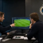 Twee medewerkers bekijken beelden in een kantoor van Club Brugge.