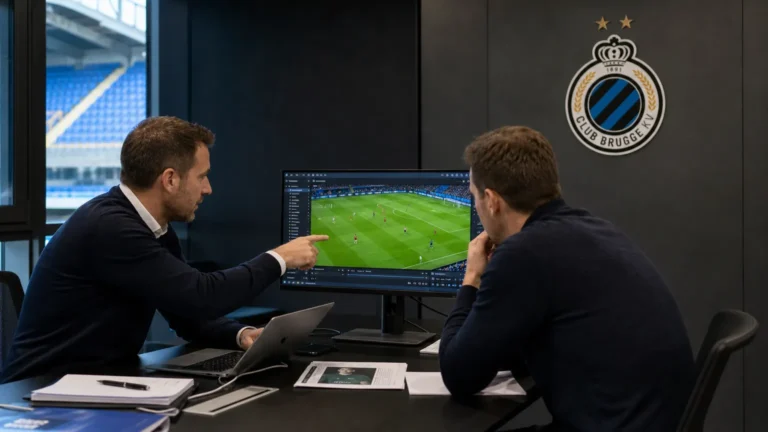 Twee medewerkers bekijken beelden in een kantoor van Club Brugge.