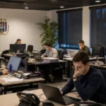 Medewerkers werken in een operationele ruimte van RSC Anderlecht met een clubembleem aan de wand.