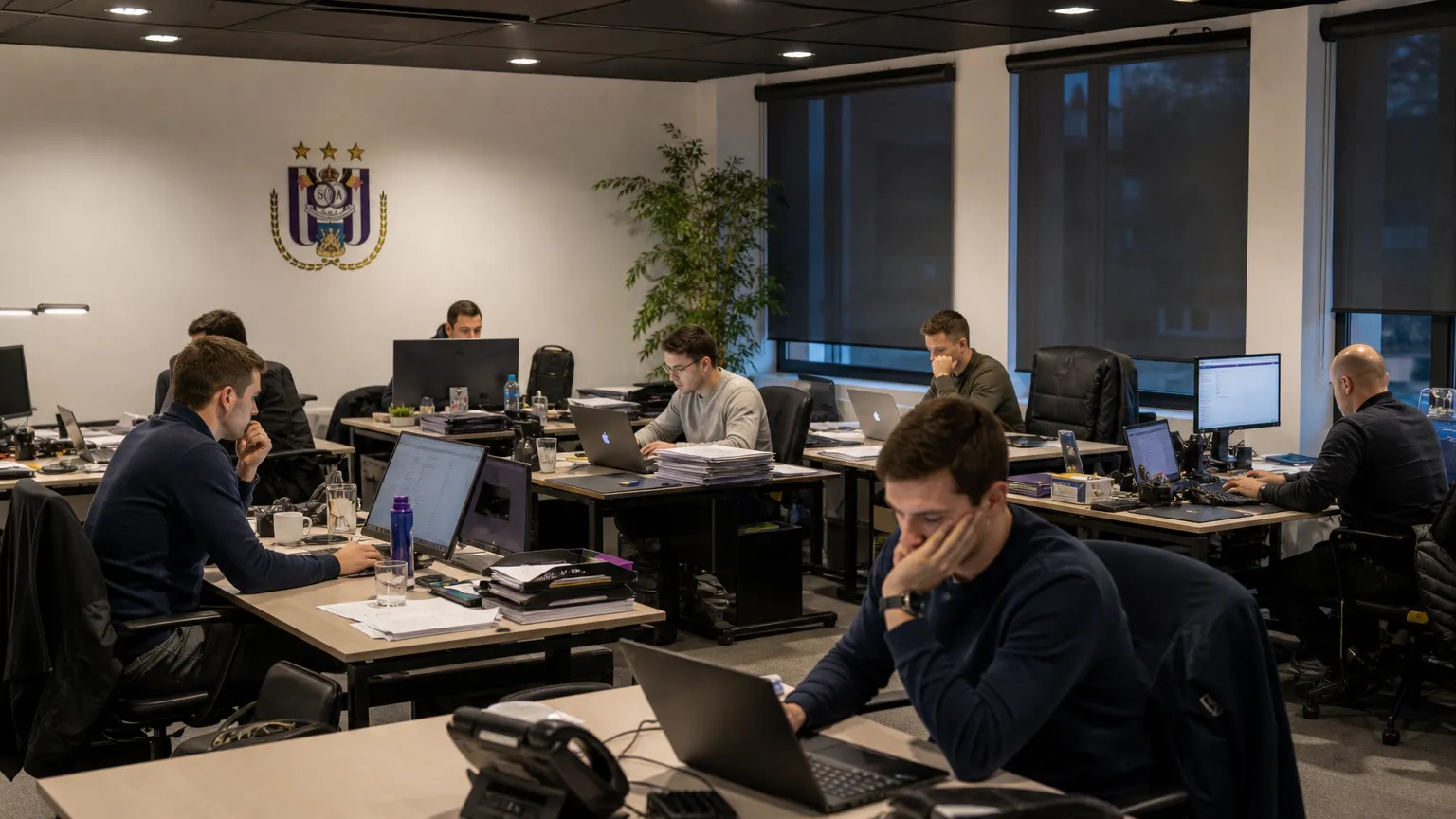 Medewerkers werken in een operationele ruimte van RSC Anderlecht met een clubembleem aan de wand.
