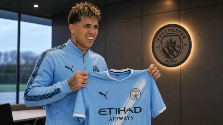 Enzo Fernández poseert met een Manchester City-shirt tijdens zijn officiële voorstelling.