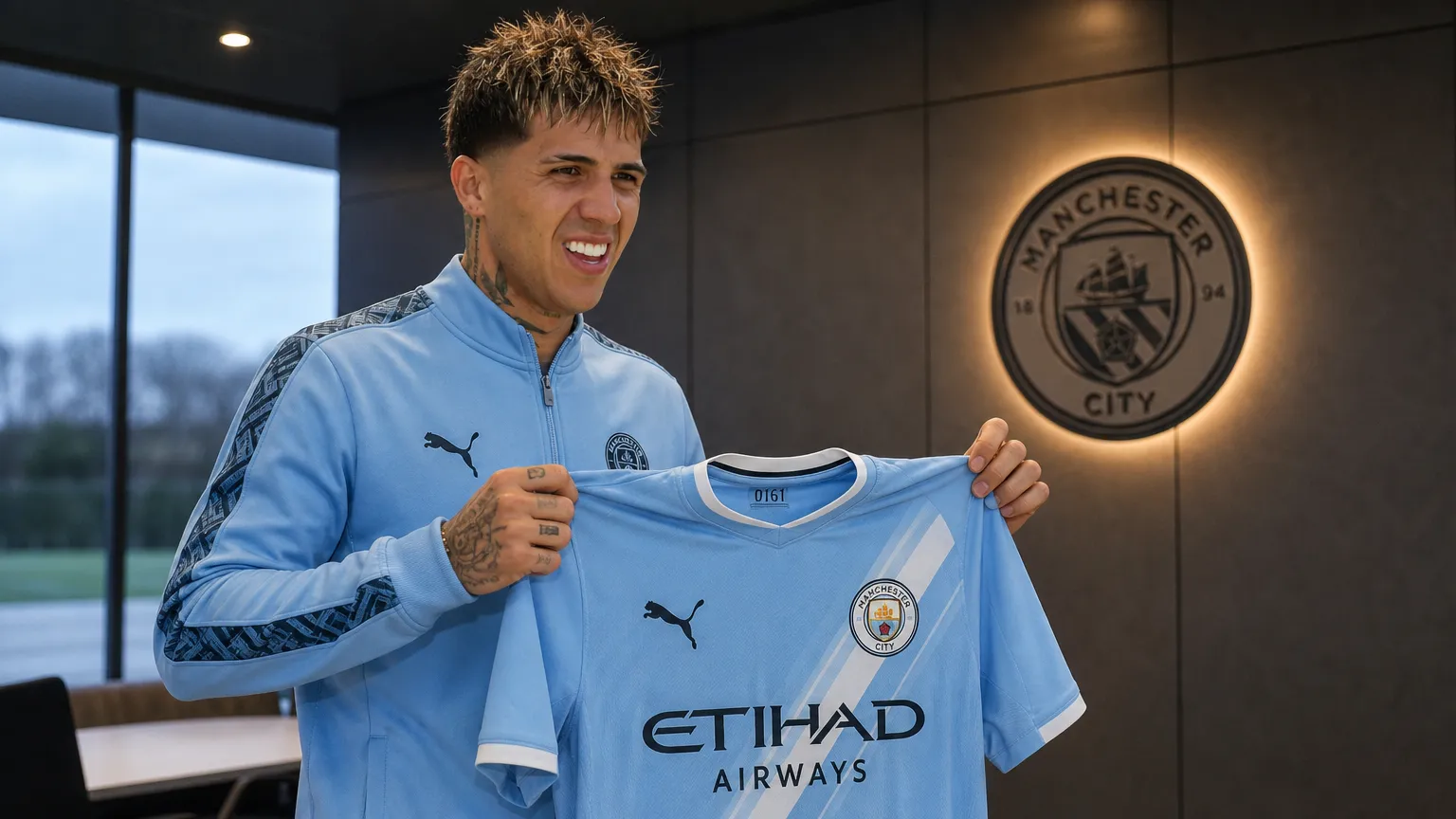 Enzo Fernández poseert met een Manchester City-shirt tijdens zijn officiële voorstelling.