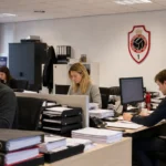 Operationele administratieve ruimte van Antwerp met medewerkers en een clubembleem aan de wand.