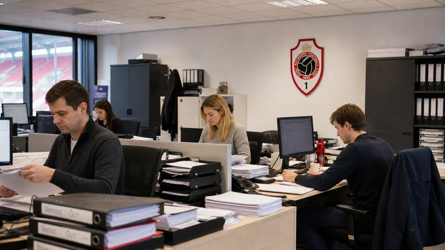 Operationele administratieve ruimte van Antwerp met medewerkers en een clubembleem aan de wand.