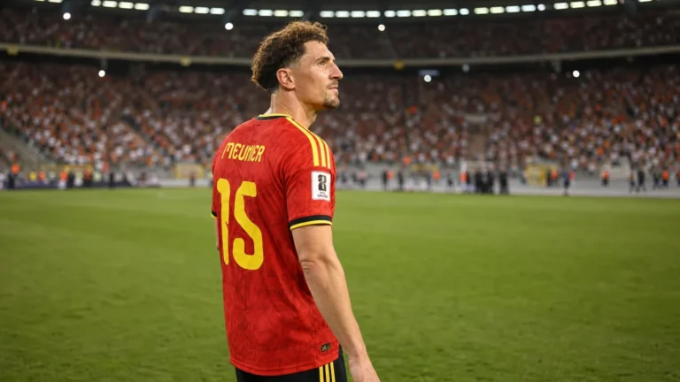 Thomas Meunier in het Belgische tenue op het veld na een wedstrijd.