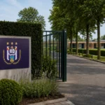 De ingang van een jeugdcomplex met een discreet RSC Anderlecht-clubanker.