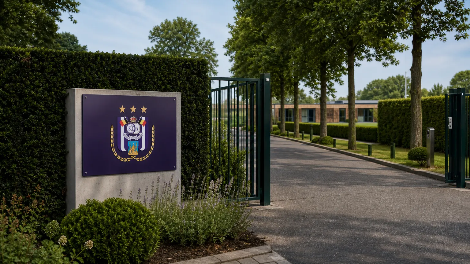 De ingang van een jeugdcomplex met een discreet RSC Anderlecht-clubanker.