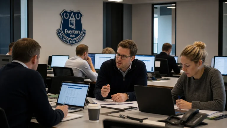 Clubmedewerkers in de communicatieruimte van Everton tijdens Deadline Day.