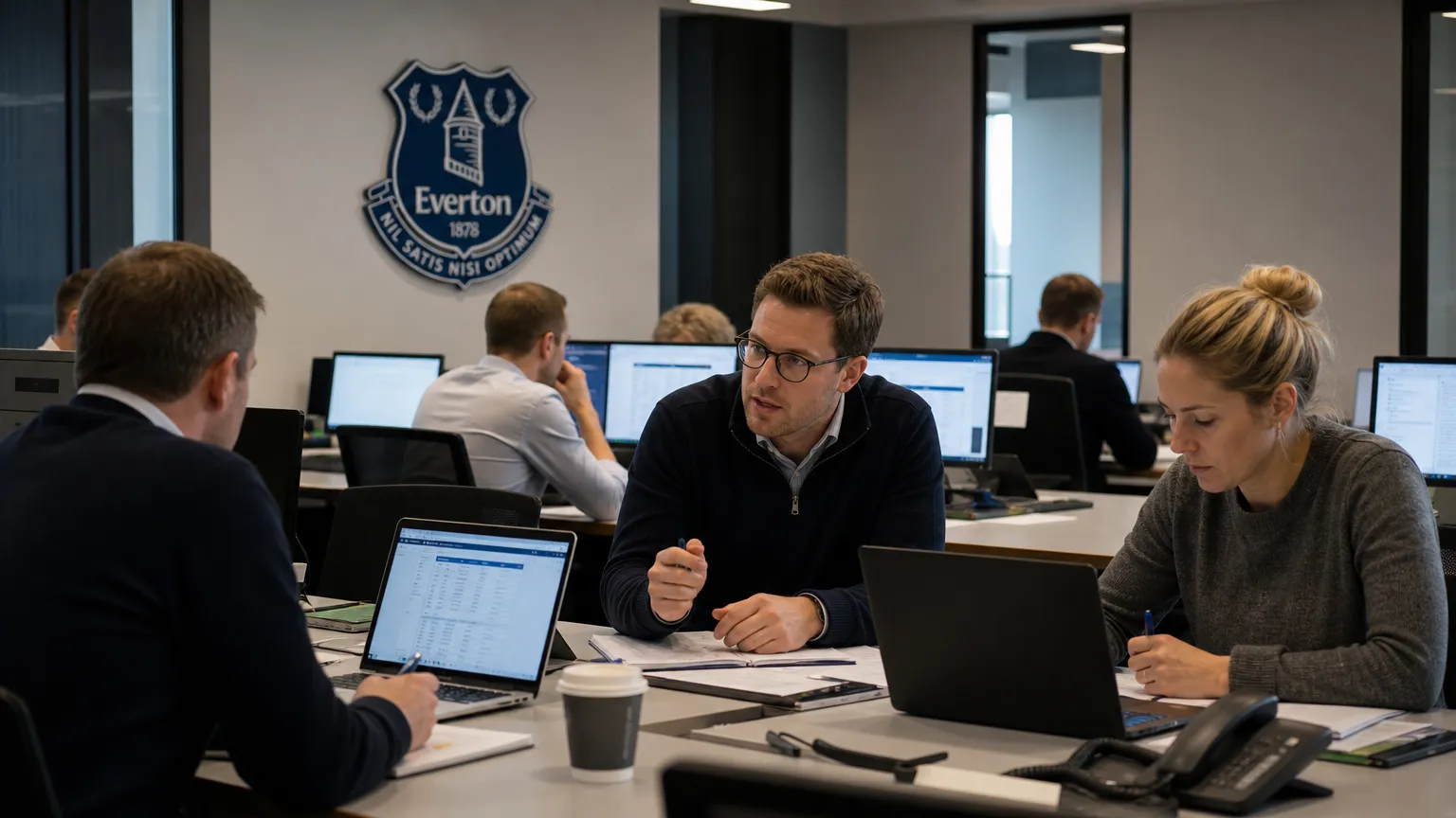 Clubmedewerkers in de communicatieruimte van Everton tijdens Deadline Day.