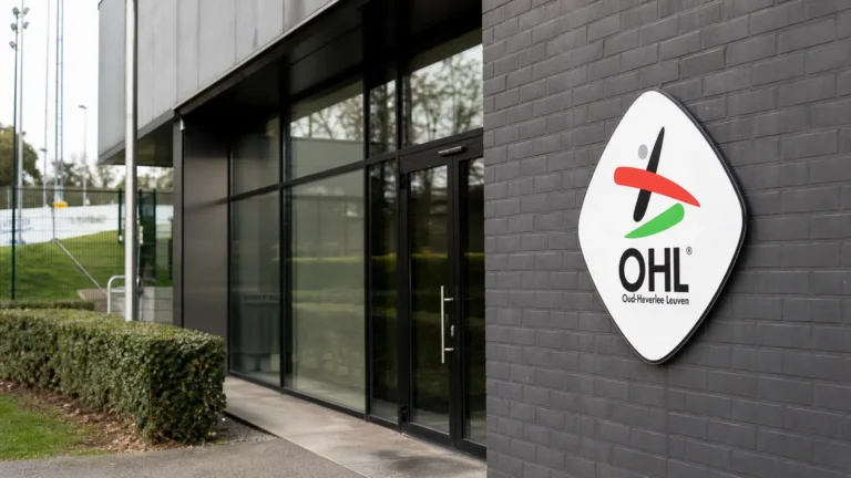 Lege ingang van een OH Leuven-clubgebouw met een vast clubembleem aan de gevel.