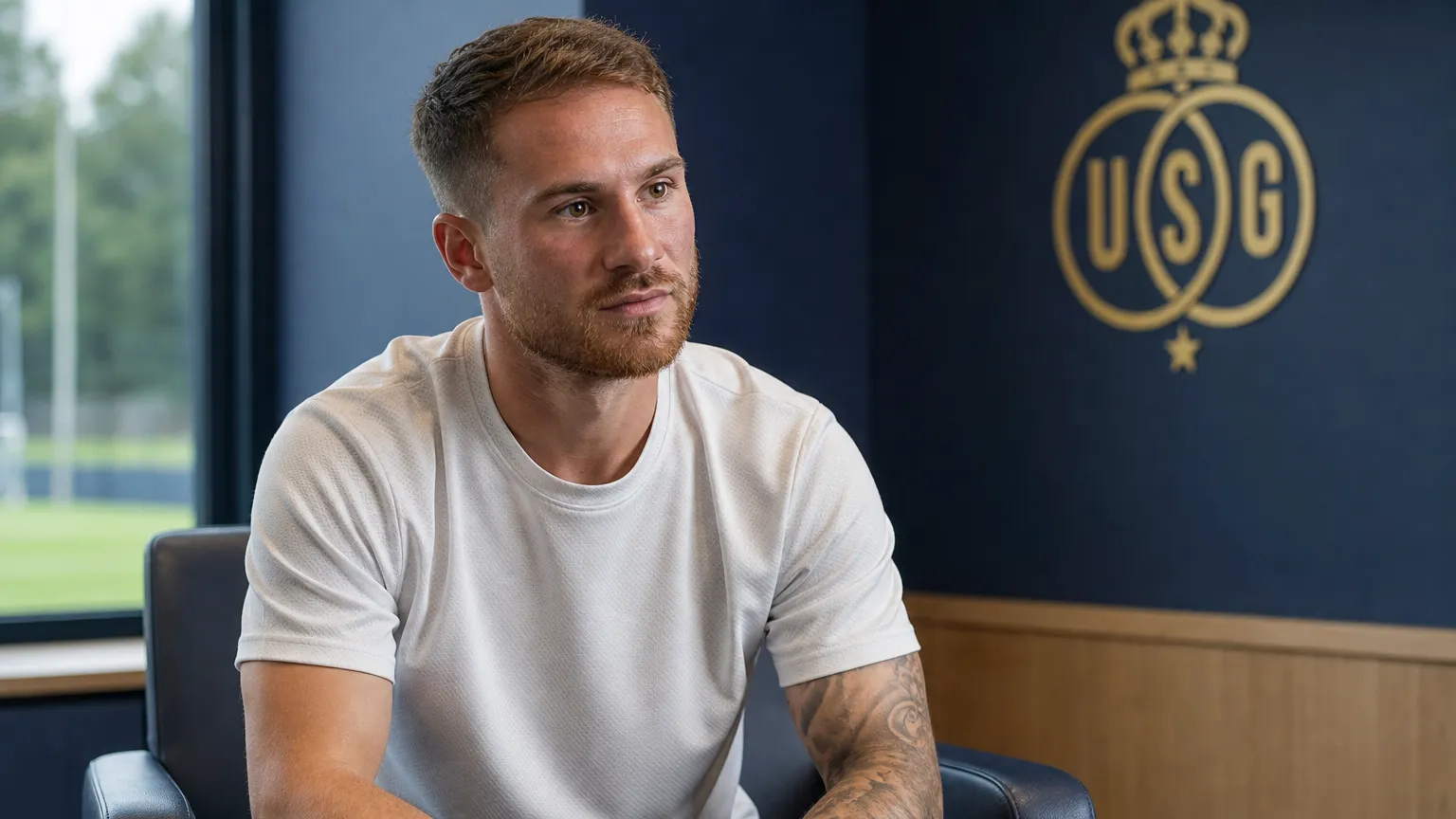 Kevin Mac Allister tijdens een interview in een mediazone van Union.