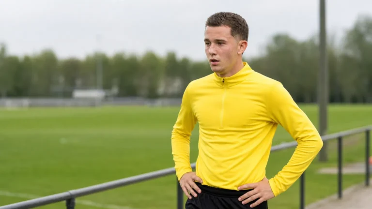 Konstantinos Karetsas in neutrale trainingskleding aan de rand van een voetbalveld.