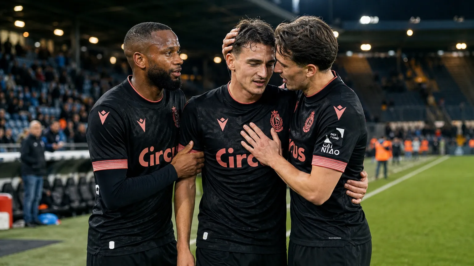 Dennis Eckert Ayensa staat na de match met twee ploegmaats van Standard op het veld.