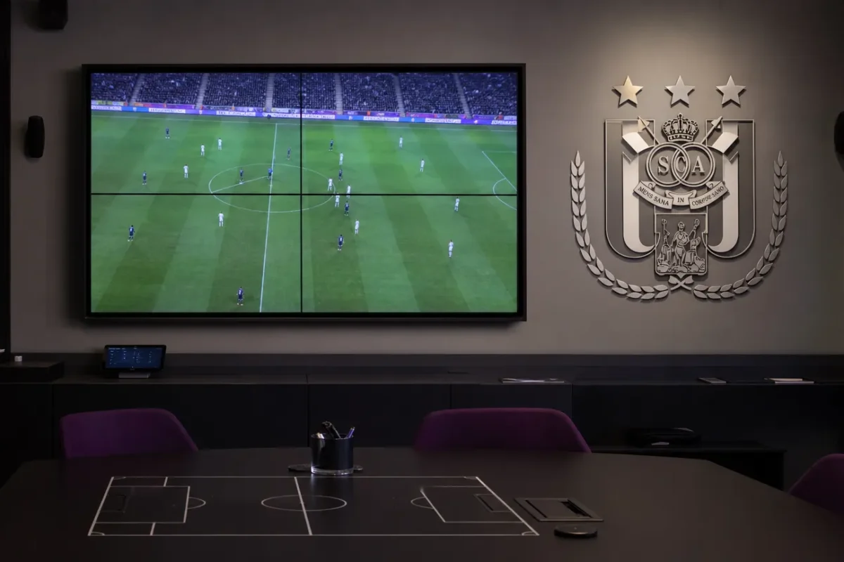 Lege analysekamer van RSC Anderlecht met een tactisch videoscherm en een clubembleem aan de muur.