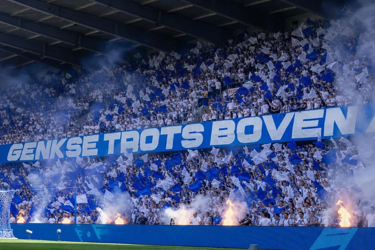 Collectieve KRC Genk-supporters met blauw-witte vlaggen op de thuistribune voor de aftrap.