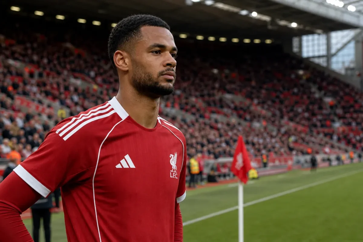 Cody Gakpo in Liverpool-tenue aan de zijlijn van Anfield