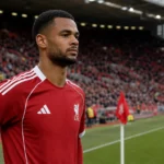 Cody Gakpo in Liverpool-tenue aan de zijlijn van Anfield