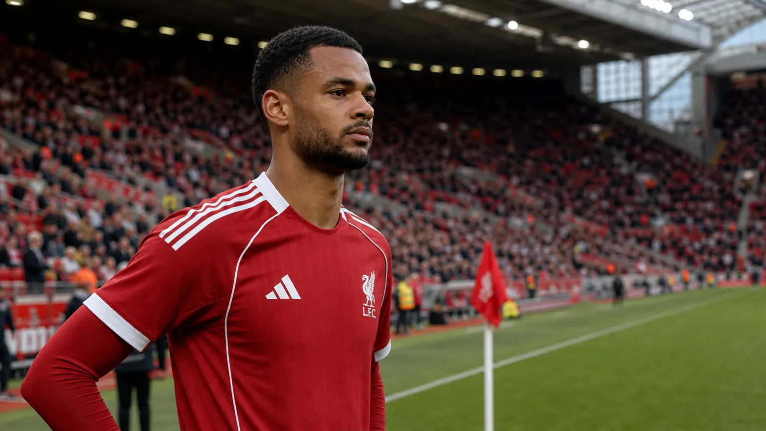 Cody Gakpo in Liverpool-tenue aan de zijlijn van Anfield