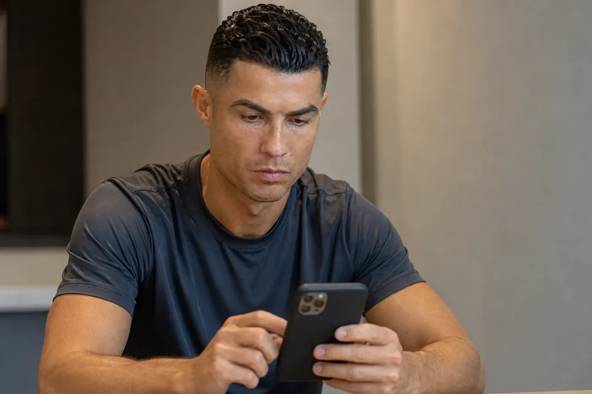 Cristiano Ronaldo kijkt geconcentreerd naar een smartphone in een neutrale binnenruimte.