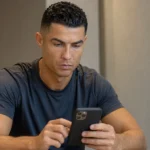 Cristiano Ronaldo kijkt geconcentreerd naar een smartphone in een neutrale binnenruimte.