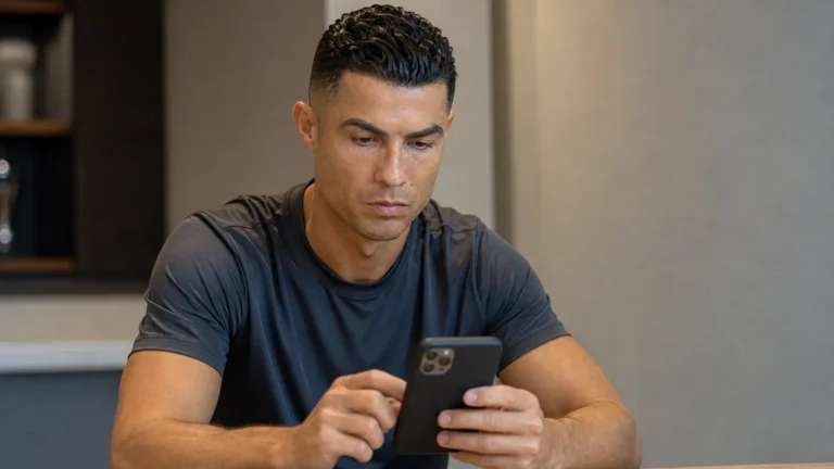 Cristiano Ronaldo kijkt geconcentreerd naar een smartphone in een neutrale binnenruimte.