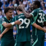 Brighton-spelers vieren samen een doelpunt in een Premier League-wedstrijd.