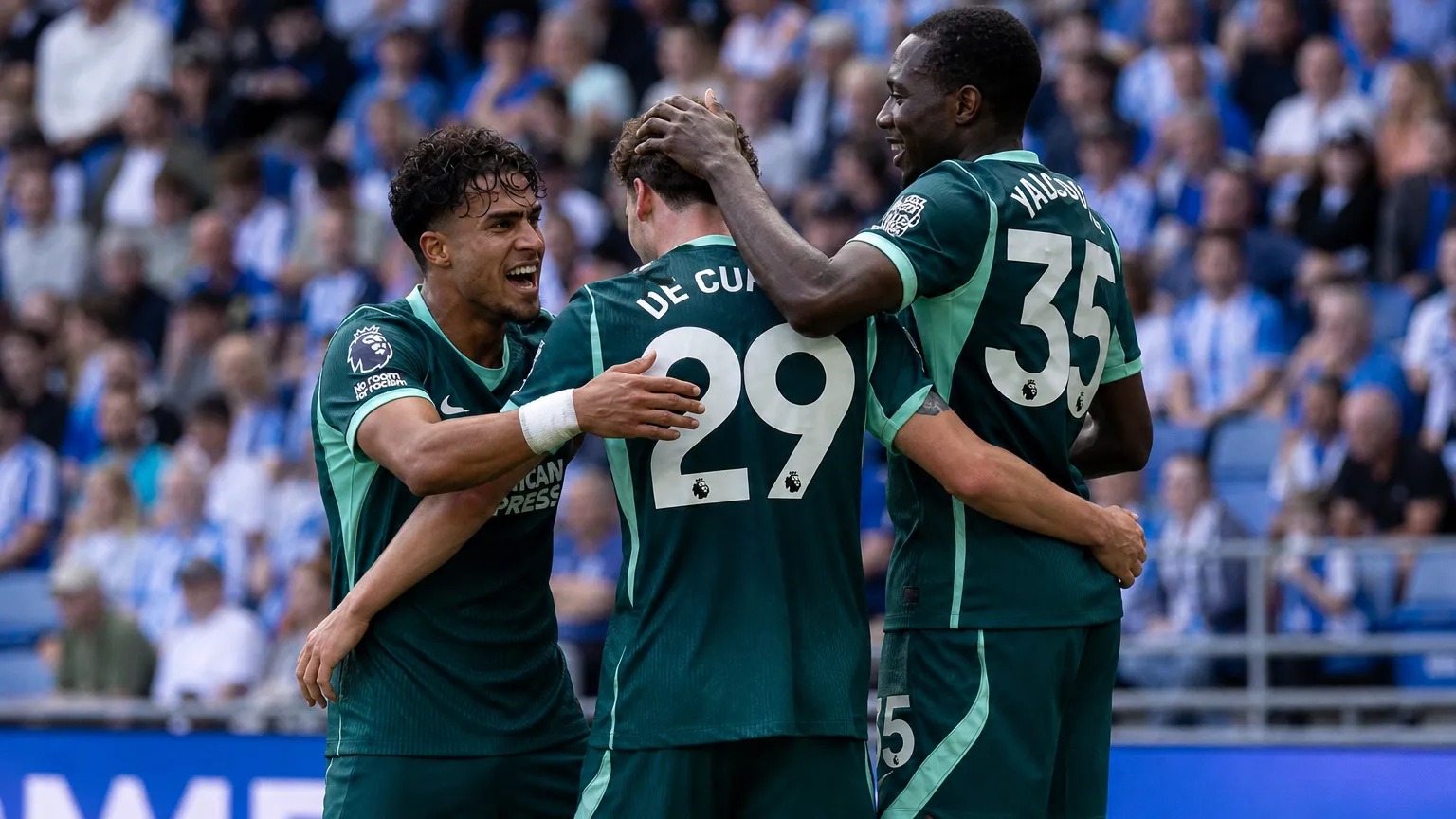 Brighton-spelers vieren samen een doelpunt in een Premier League-wedstrijd.