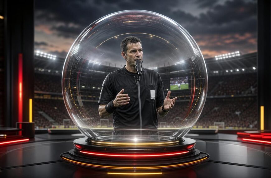 Scheidsrechter bij een grote glazen bol die een VAR-beslissing symbolisch aan het stadion uitlegt