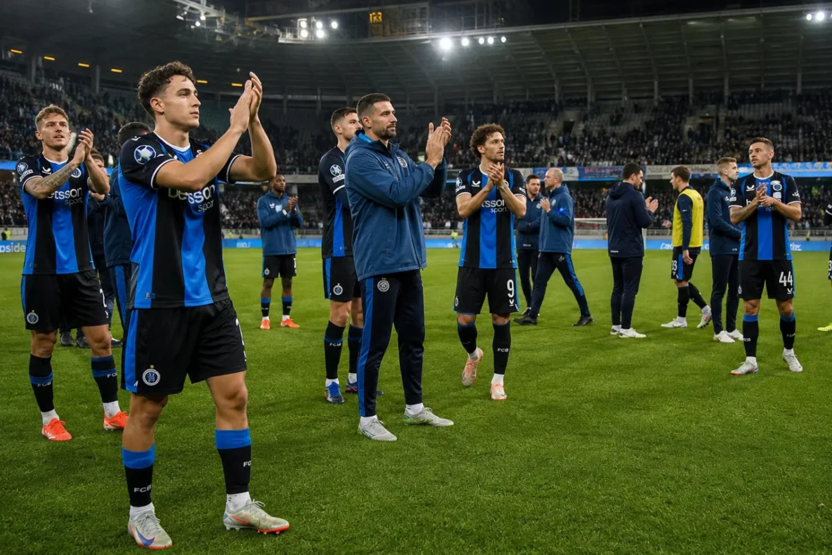 Een groep voetballers in blauw-zwarte tenues applaudisseert op het veld voor de thuistribune.